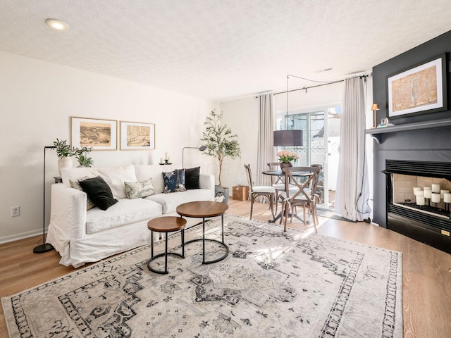 living room featuring hardwood / wood-style floors and a textured ceiling