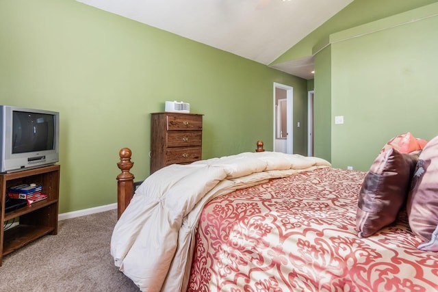 bedroom with light carpet and lofted ceiling