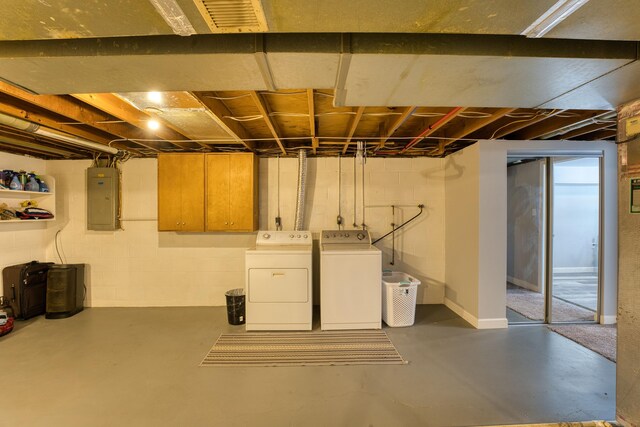 basement with washer and dryer and electric panel