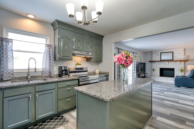 kitchen with sink, a kitchen island, stainless steel electric range oven, and green cabinetry