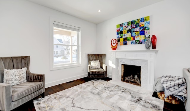 living area with a fireplace and dark hardwood / wood-style floors