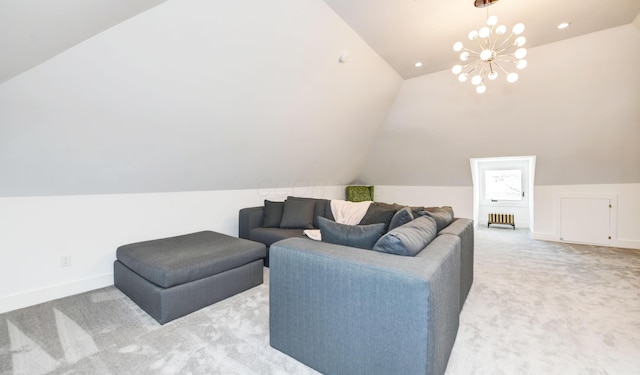 living room featuring carpet floors, lofted ceiling, and a notable chandelier