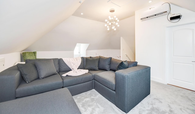 carpeted living room with lofted ceiling and a wall unit AC