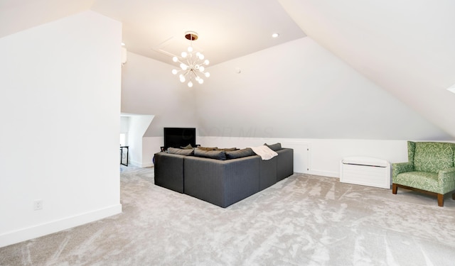 living room with carpet floors and vaulted ceiling