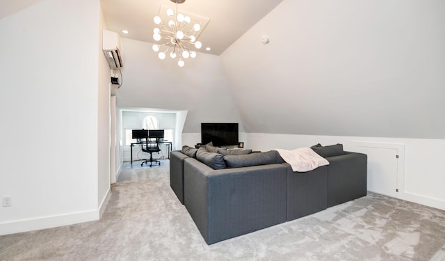 living room featuring an inviting chandelier, a wall mounted AC, lofted ceiling, and light colored carpet