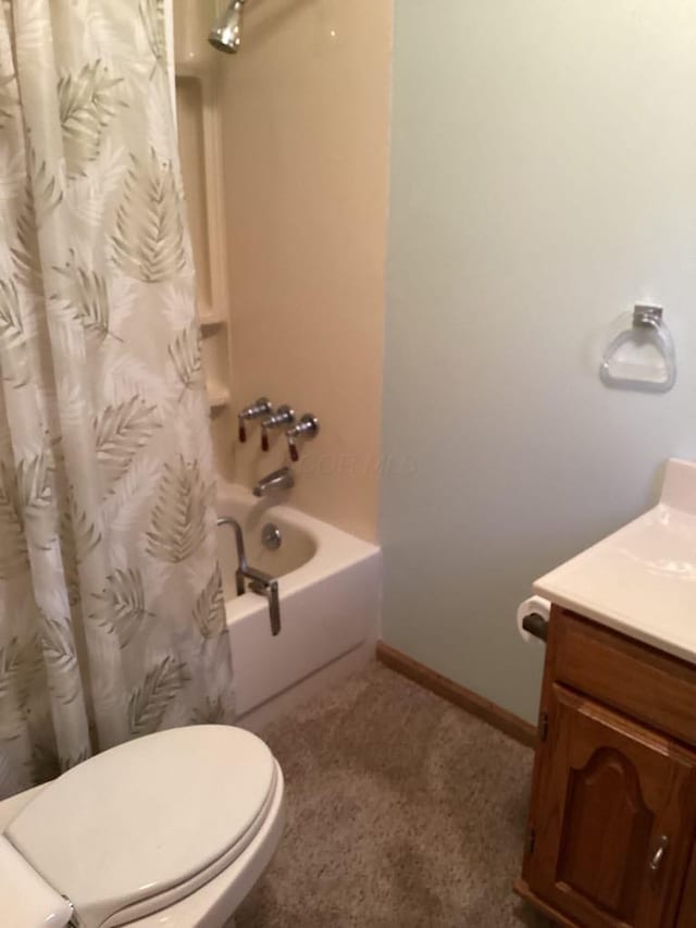 full bathroom with toilet, shower / tub combo, and vanity