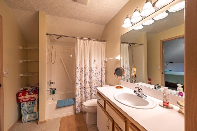 full bathroom with toilet, tile patterned floors, vanity, a textured ceiling, and shower / tub combo with curtain