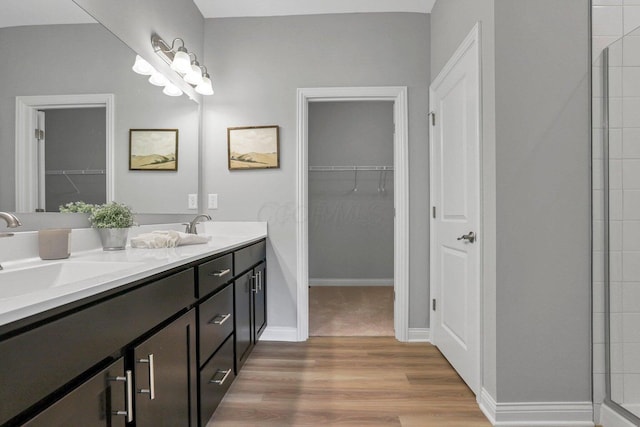 bathroom featuring wood finished floors, a sink, a spacious closet, and double vanity