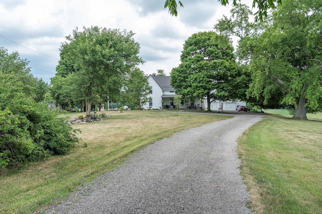 view of street with gravel driveway