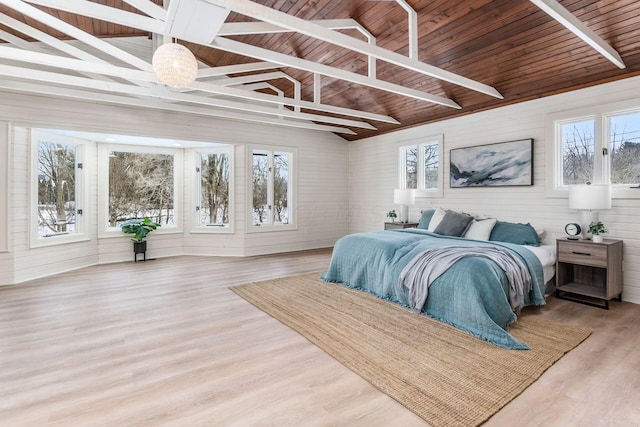 bedroom with wood walls, wood ceiling, hardwood / wood-style floors, and lofted ceiling with beams