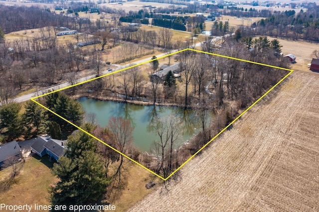 drone / aerial view with a rural view and a water view