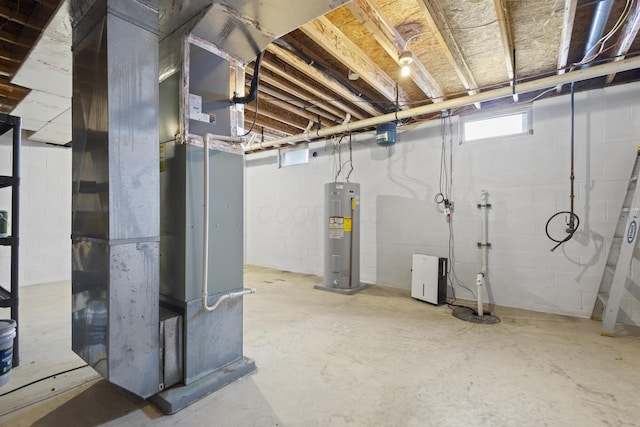 basement with heating unit and water heater