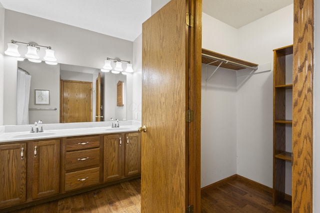 bathroom with wood-type flooring and vanity