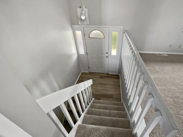 staircase featuring carpet flooring