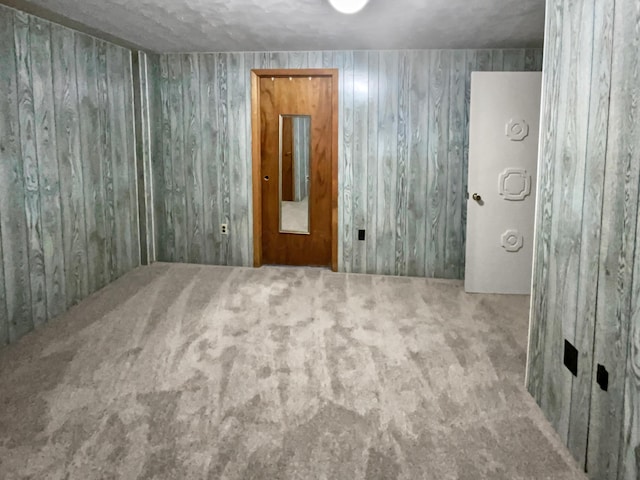 carpeted empty room with wood walls