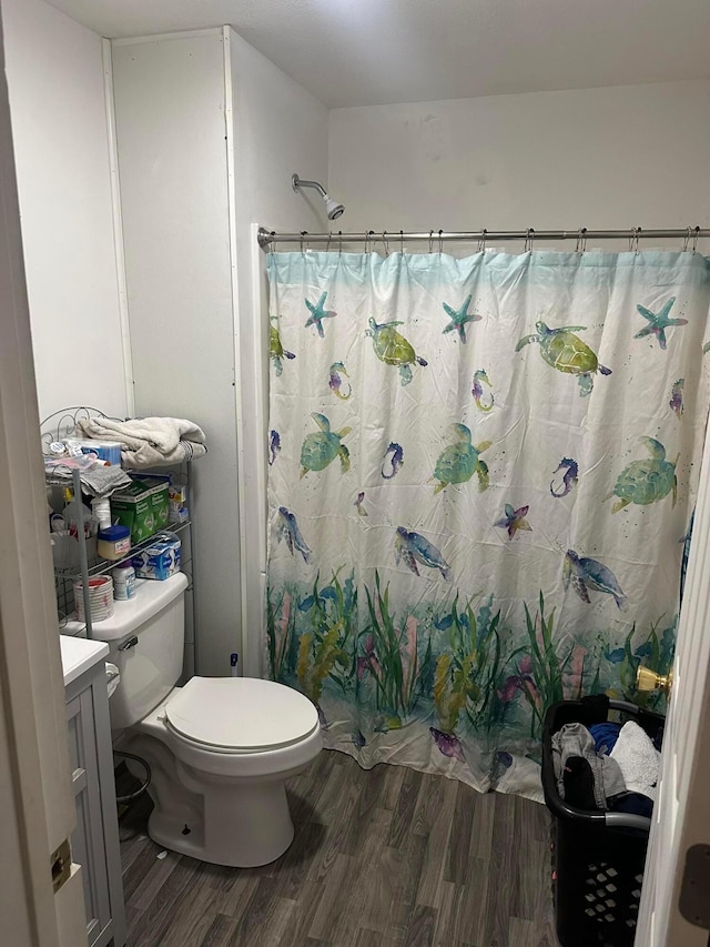 bathroom featuring walk in shower, vanity, wood-type flooring, and toilet