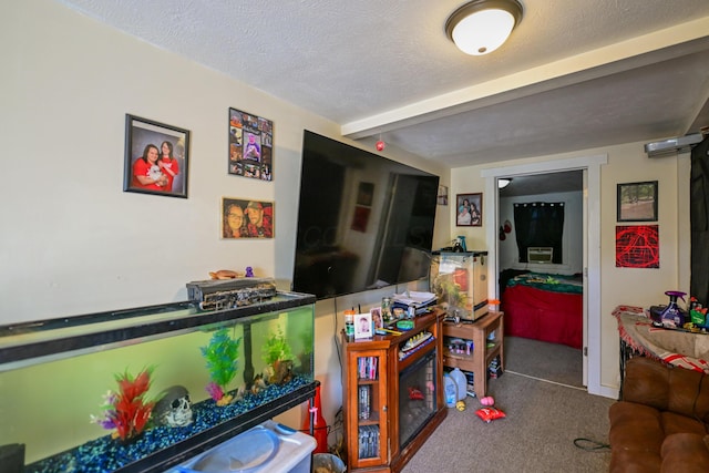 22 Fairlawn Ave, Glouster, OH 45732 - recreation room featuring carpet floors, beamed ceiling, and a textured ceiling