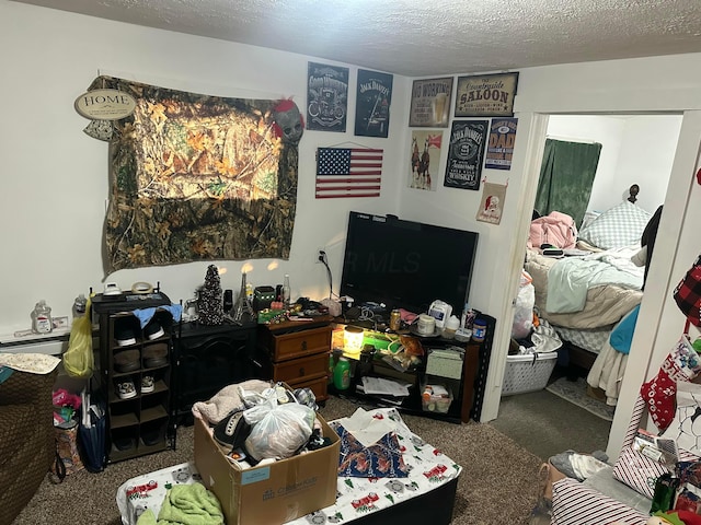 carpeted bedroom with a textured ceiling