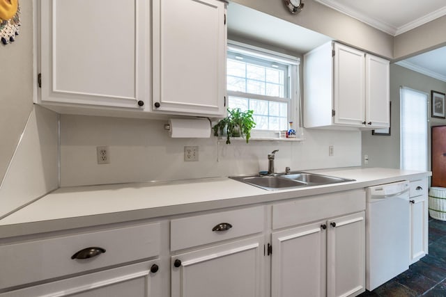 kitchen featuring crown molding, dishwasher, white cabinets, and sink