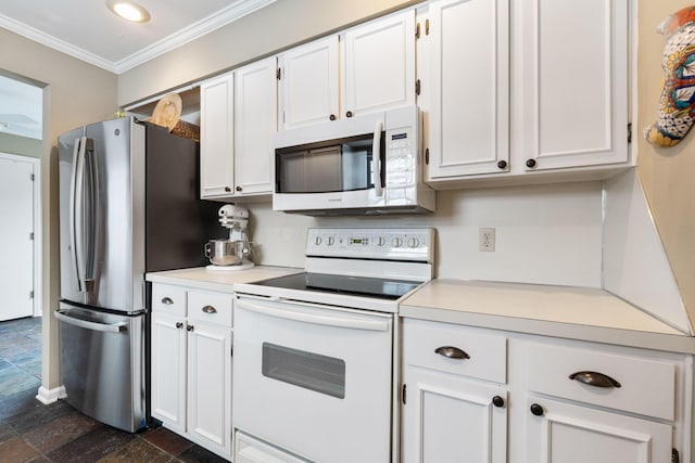 kitchen featuring ornamental molding, white cabinets, and white appliances