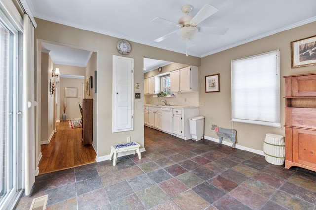 kitchen featuring white cabinets, dishwasher, sink, backsplash, and ceiling fan