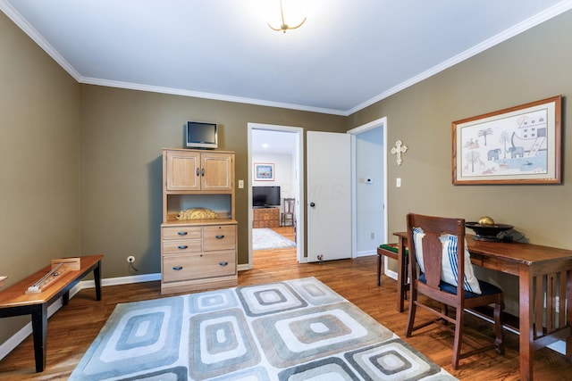 office featuring dark wood-type flooring and crown molding