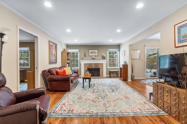 living room with light hardwood / wood-style flooring, ornamental molding, and a fireplace