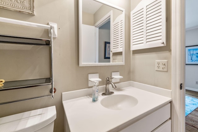 bathroom featuring toilet, vanity, and wood-type flooring