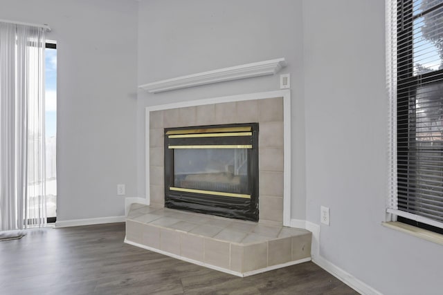 interior details with hardwood / wood-style flooring and a fireplace