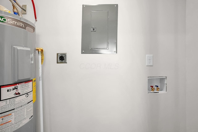 utility room featuring electric panel and electric water heater