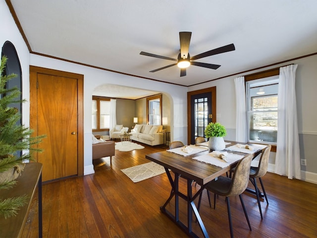 dining space with ceiling fan, a healthy amount of sunlight, and dark hardwood / wood-style floors