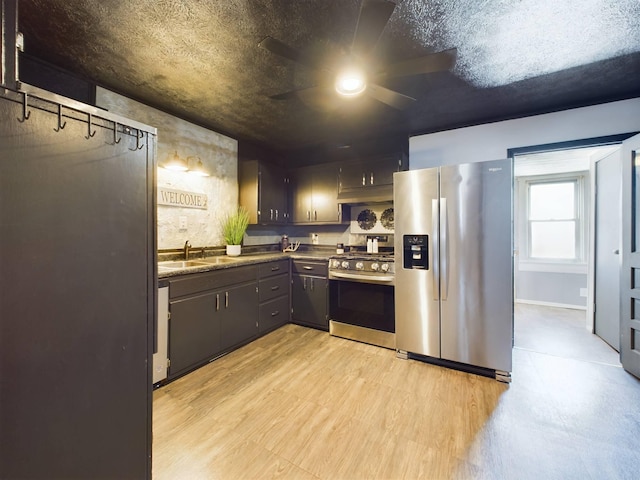 kitchen with light hardwood / wood-style floors, sink, appliances with stainless steel finishes, and ceiling fan