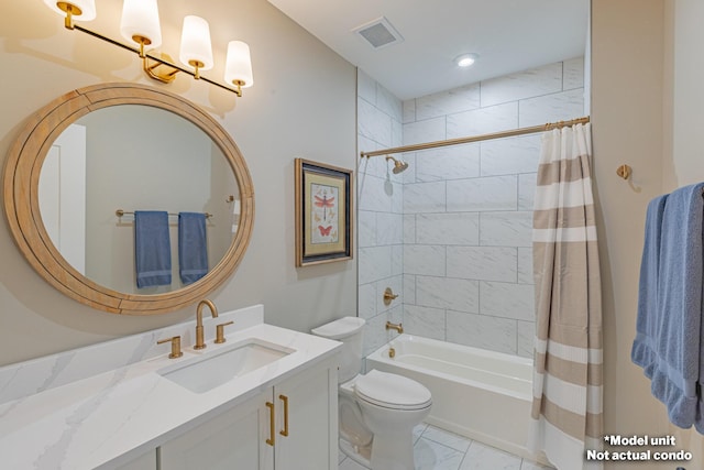 full bathroom featuring toilet, vanity, and shower / bath combination with curtain