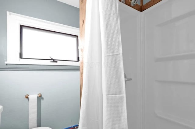 bathroom featuring toilet and curtained shower