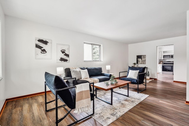 living room with dark hardwood / wood-style flooring