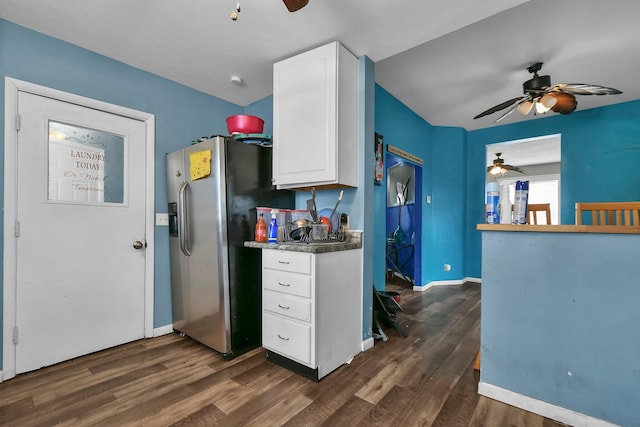 kitchen featuring stainless steel refrigerator with ice dispenser, dark hardwood / wood-style floors, white cabinets, and ceiling fan