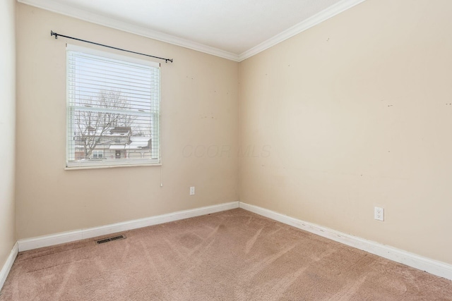 carpeted empty room featuring crown molding