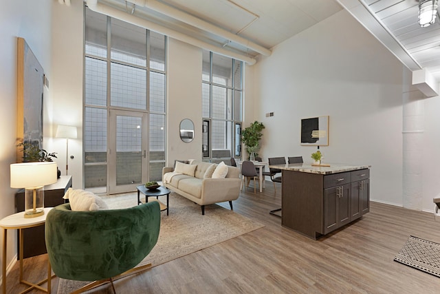 living room with light hardwood / wood-style flooring, floor to ceiling windows, and a high ceiling