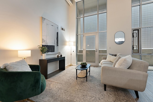 living room with expansive windows and a towering ceiling