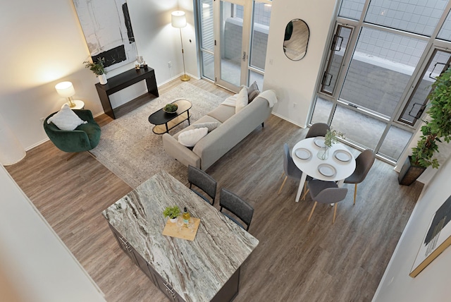 living room with hardwood / wood-style floors, floor to ceiling windows, and a healthy amount of sunlight