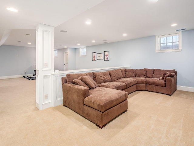 living room with light colored carpet