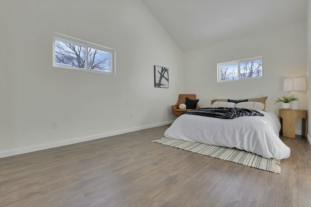 bedroom with dark hardwood / wood-style floors and high vaulted ceiling