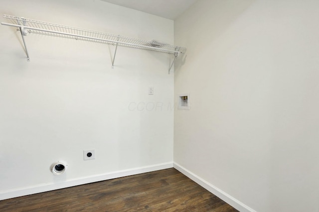 laundry room with hookup for an electric dryer, dark wood-type flooring, and washer hookup