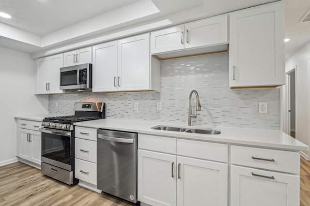 kitchen featuring appliances with stainless steel finishes, white cabinetry, sink, backsplash, and light hardwood / wood-style floors