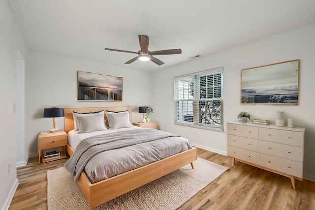 bedroom with ceiling fan and light wood-type flooring