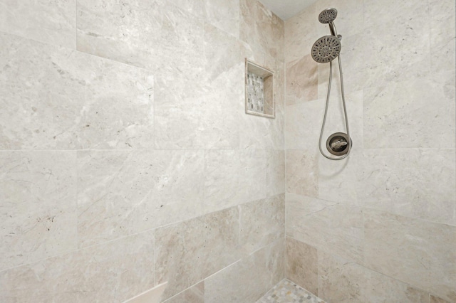 interior details featuring a tile shower