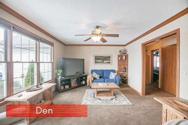 living room with light colored carpet, ornamental molding, and a textured ceiling