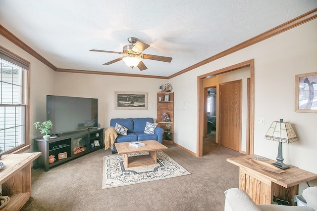 carpeted living room with crown molding, ceiling fan, and a textured ceiling