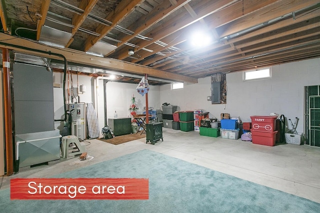 basement featuring electric panel and electric water heater