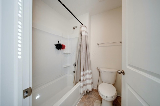 bathroom with toilet and shower / bathtub combination with curtain